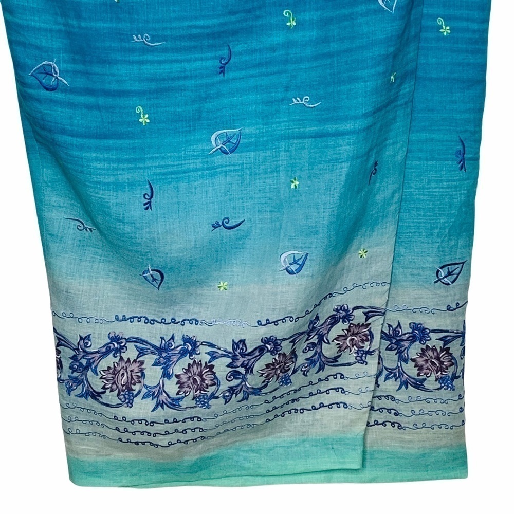 Jenna Ombre Embroidered Linen Sarong Wrap Maxi Skirt Size 12 Blue Green Floral - Picture 14 of 16